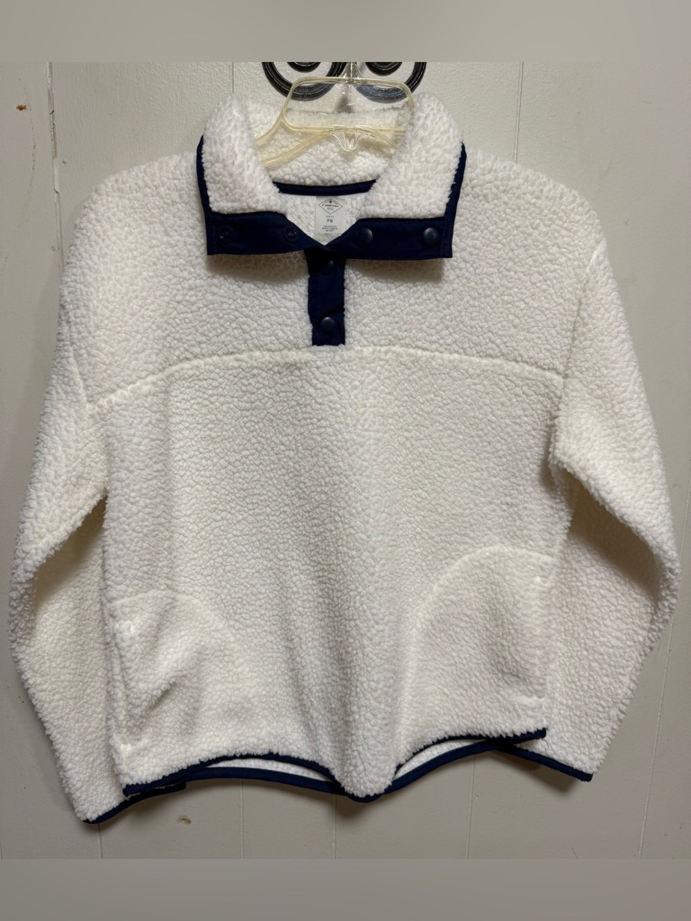 St. John's Bay White Sherpa Snap-Neck Pullover with Navy Trim